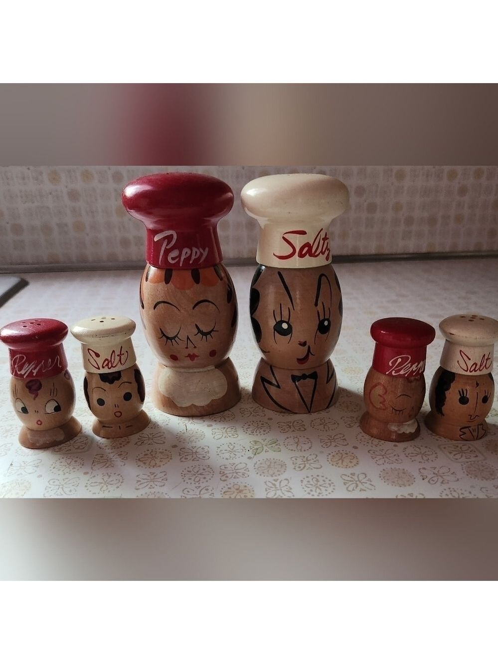 VTG MCM Woodpecker Woodware Wood Salty Peppy Salt & Pepper Shakers Japan AA23